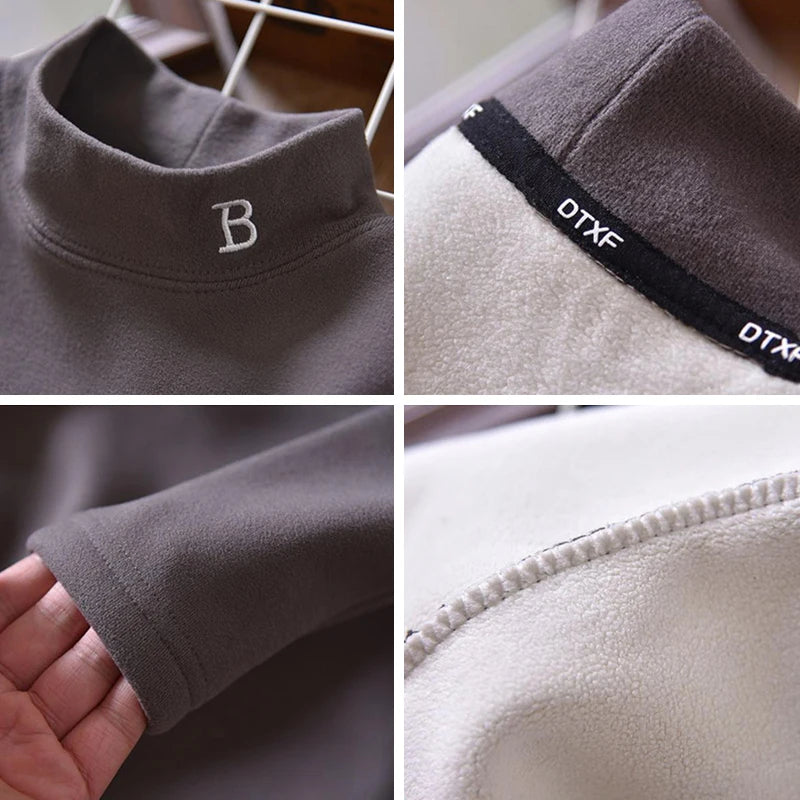 Kids Thermal Shirt 4-12Y Half-Turtleneck Velvet Top Autumn Winter Letter Embroidery Plush Long Sleeve Blouse for Boys & Girls