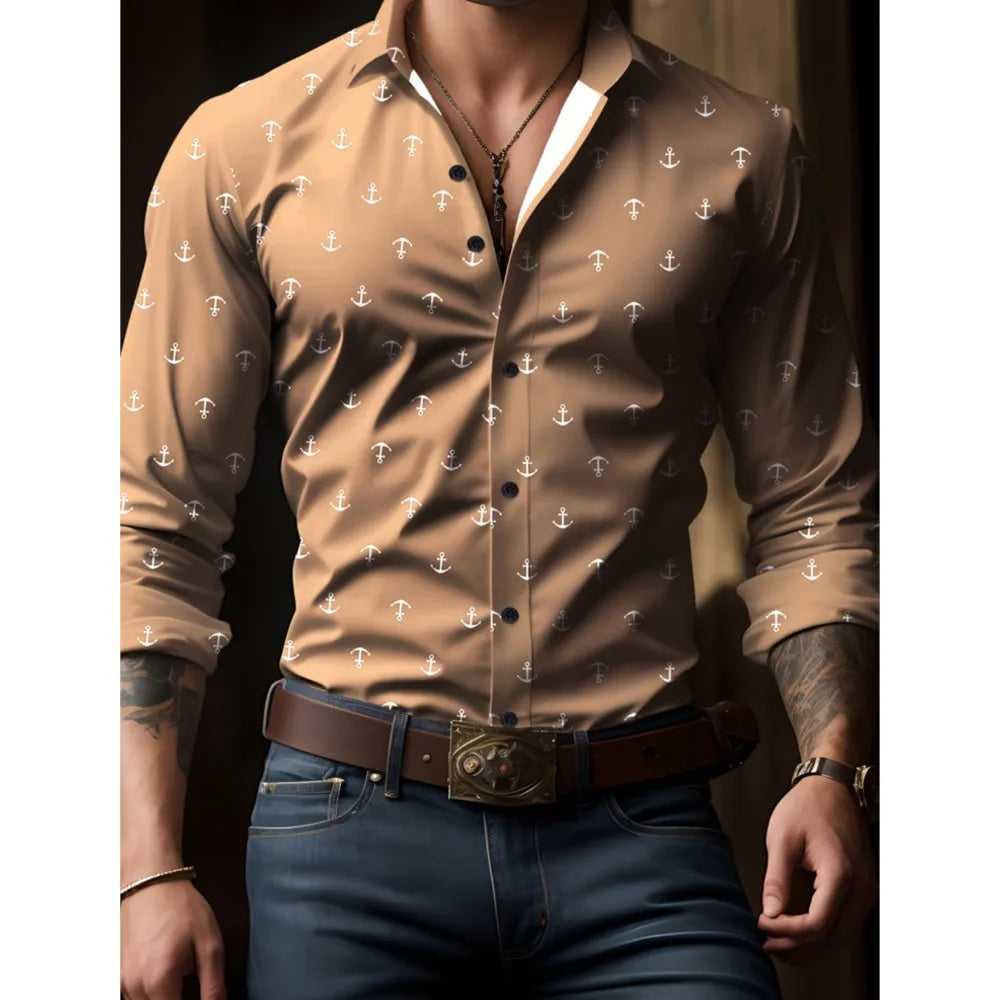 Men's New Spring And Autumn Button Down Shirt Check Print Long Sleeve Luxury Shirt Flip Lapel Oversized Outdoor Street Shot Tops