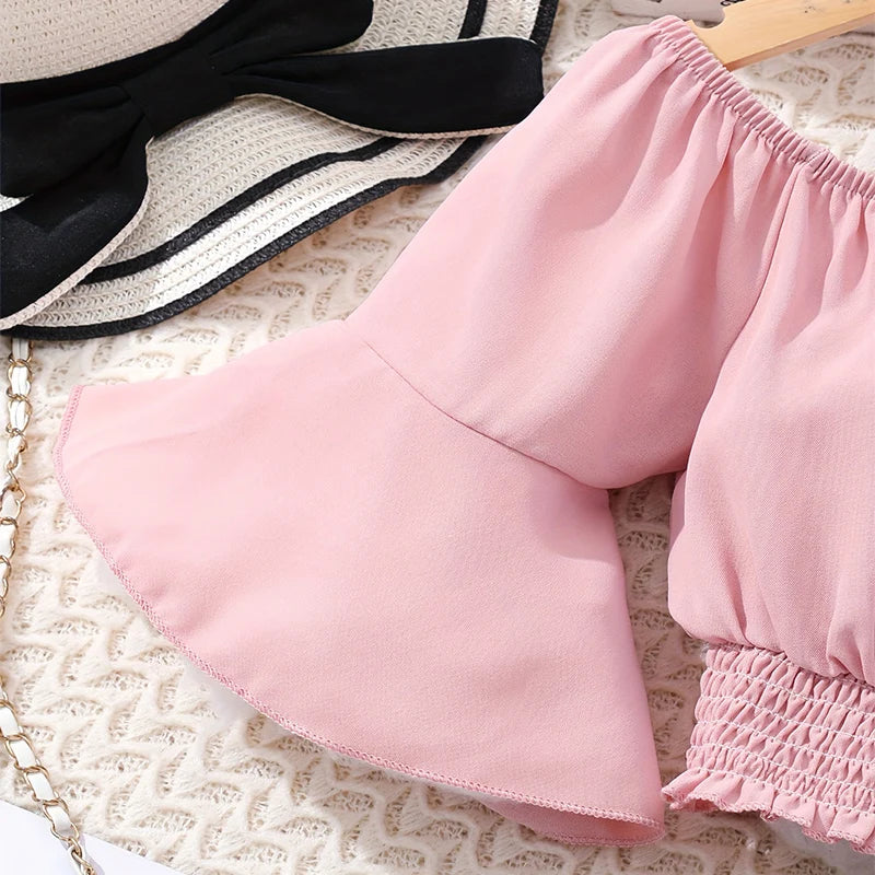Two Piece Summer Girl Cute Waist Tied Petal Sleeve Short Sleeved Button Decoration Skirt Princess Casual Party Clothing Set