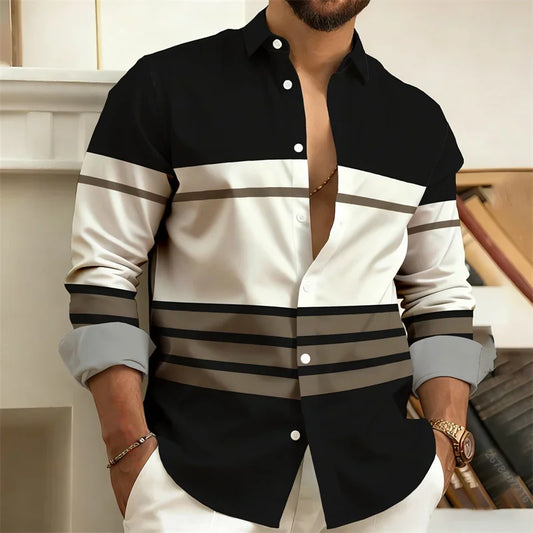 New Men's Color-block Striped Long-sleeved Shirt Business Casual Lapel Shirt, Fashionable Men's Tops