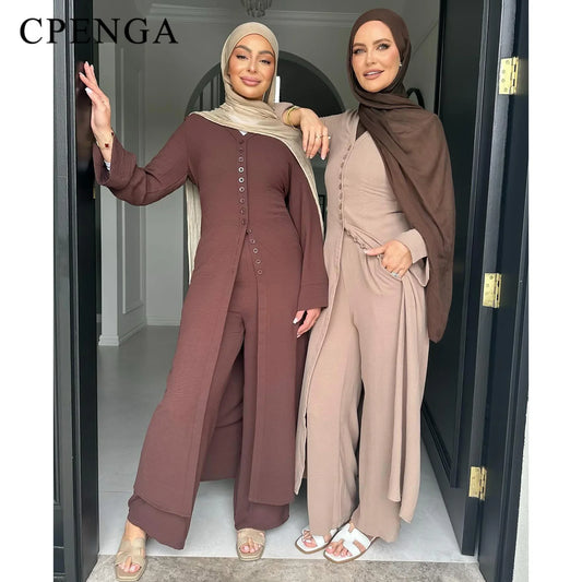 Two Piece Muslim Sets for Woman Ramadan Dubai Modest Abaya Dress Islamic Femme Vacation Travel Outfit Fashion Turkey Robe 2025