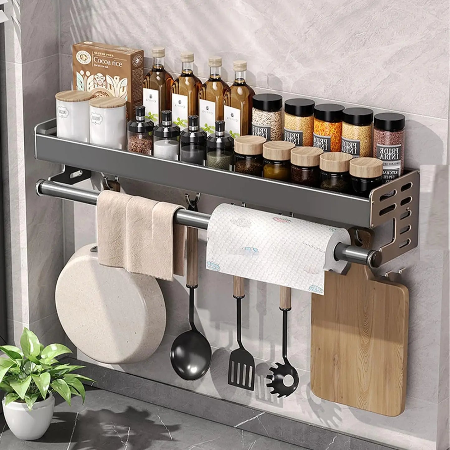 Wall Mount Utensil Holder - Stainless Steel Kitchen Storage Shelf with Hooks & Spice Organizer Rack