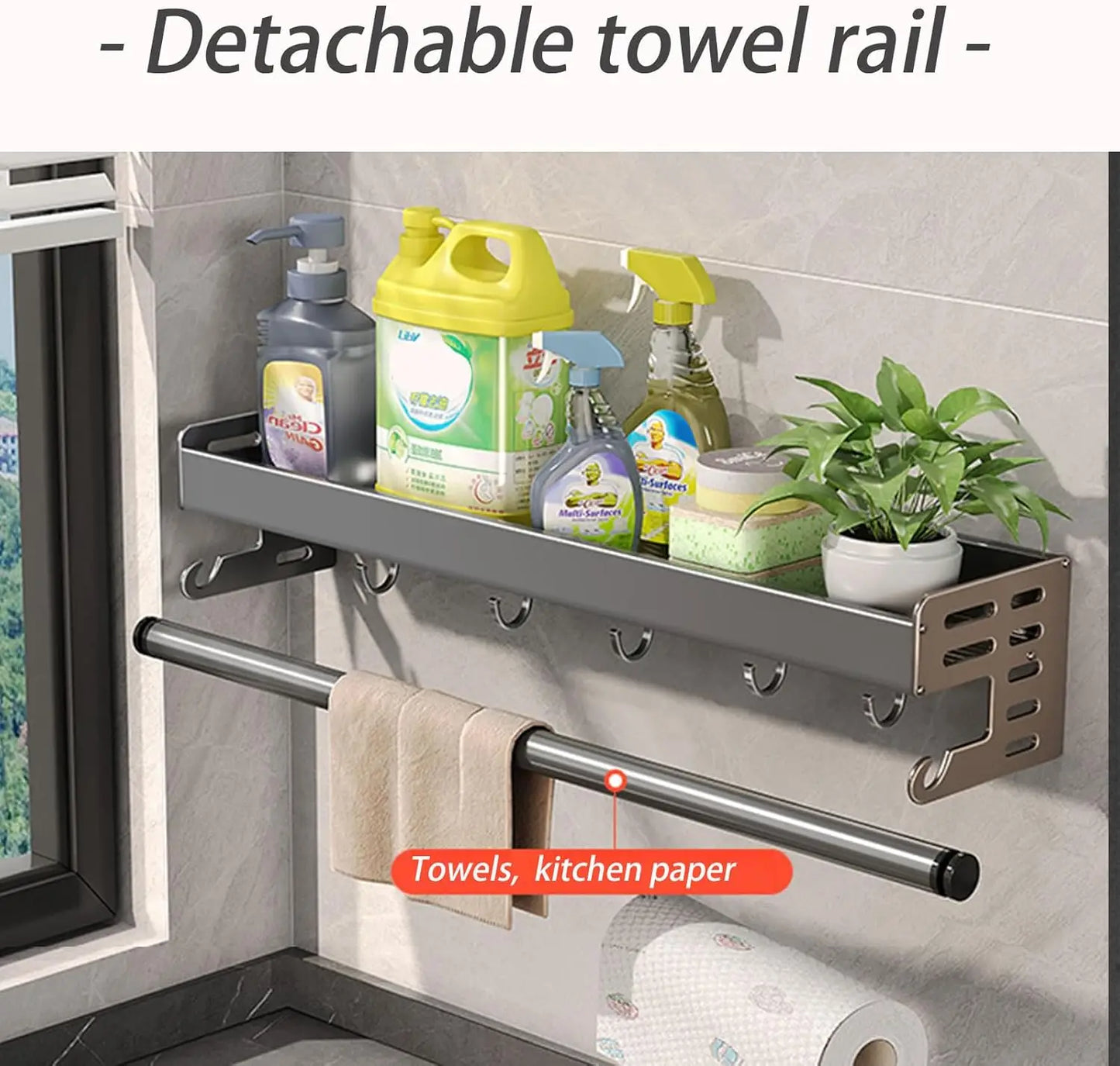 Wall Mount Utensil Holder - Stainless Steel Kitchen Storage Shelf with Hooks & Spice Organizer Rack
