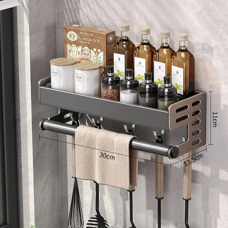 Wall Mount Utensil Holder - Stainless Steel Kitchen Storage Shelf with Hooks & Spice Organizer Rack