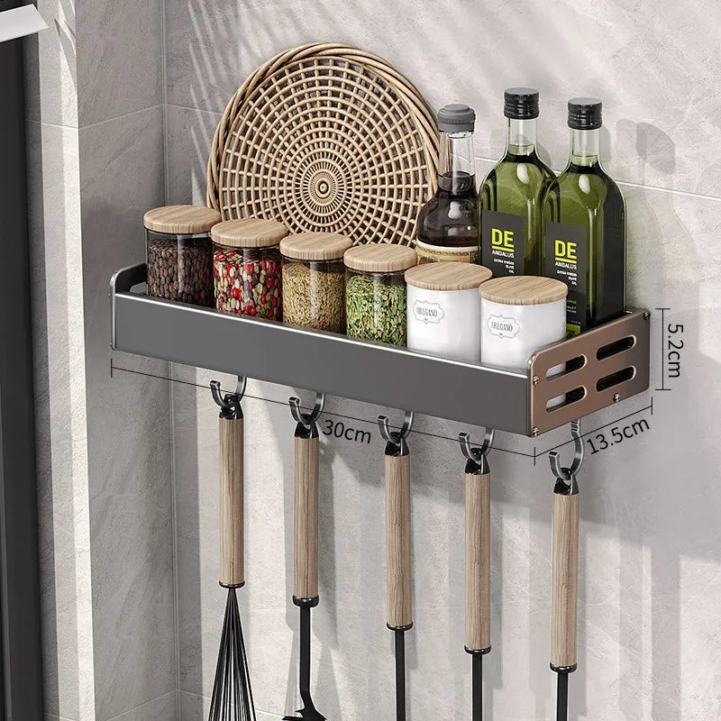 Wall Mount Utensil Holder - Stainless Steel Kitchen Storage Shelf with Hooks & Spice Organizer Rack