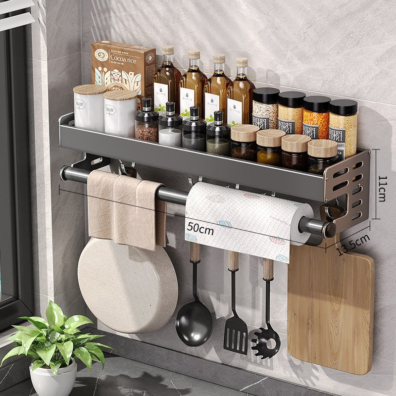 Wall Mount Utensil Holder - Stainless Steel Kitchen Storage Shelf with Hooks & Spice Organizer Rack