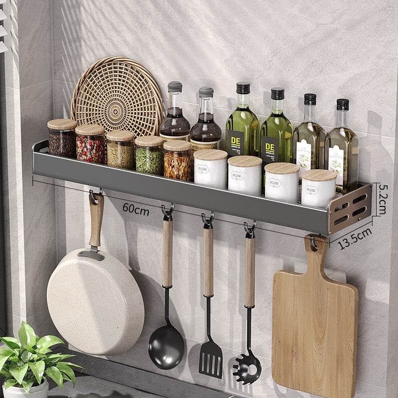 Wall Mount Utensil Holder - Stainless Steel Kitchen Storage Shelf with Hooks & Spice Organizer Rack