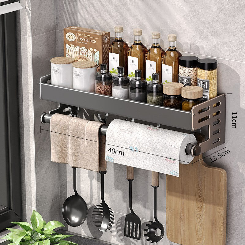 Wall Mount Utensil Holder - Stainless Steel Kitchen Storage Shelf with Hooks & Spice Organizer Rack