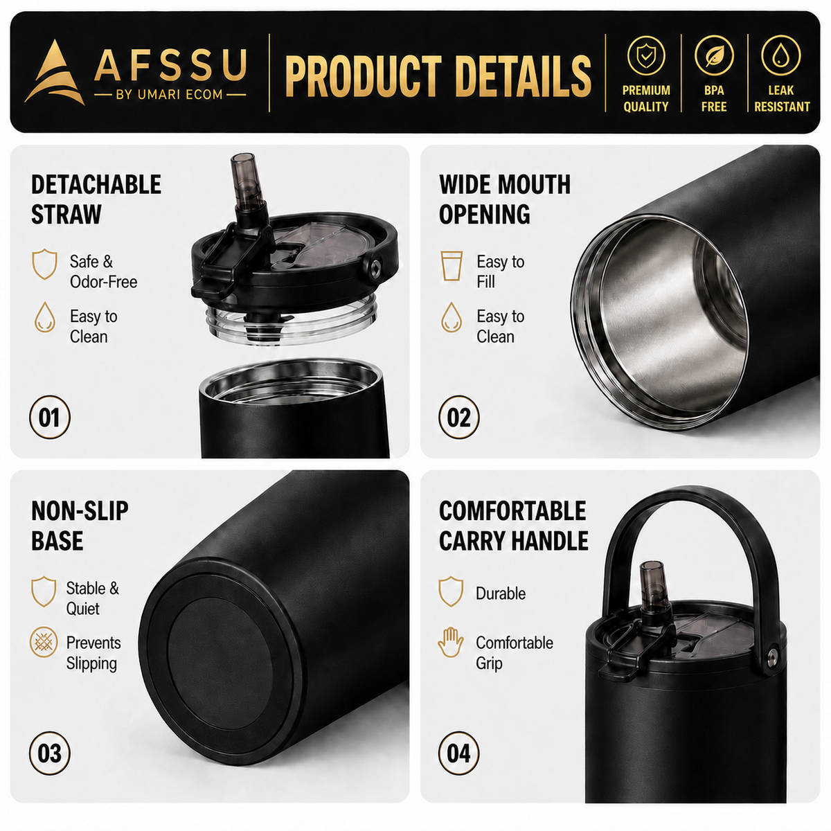 AFSSU 32 oz Vacuum Insulated Tumbler with Flip Straw & Carry Handle, Black