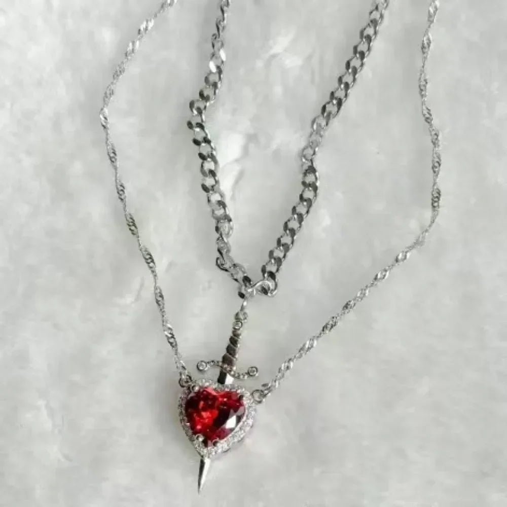 Heart & Sword Couple Necklace Set Valentine Gift